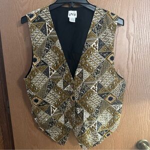 Theo Womens Gold Bead Back Tie VEST Multicolor Geometric Pattern Waistcoat Large